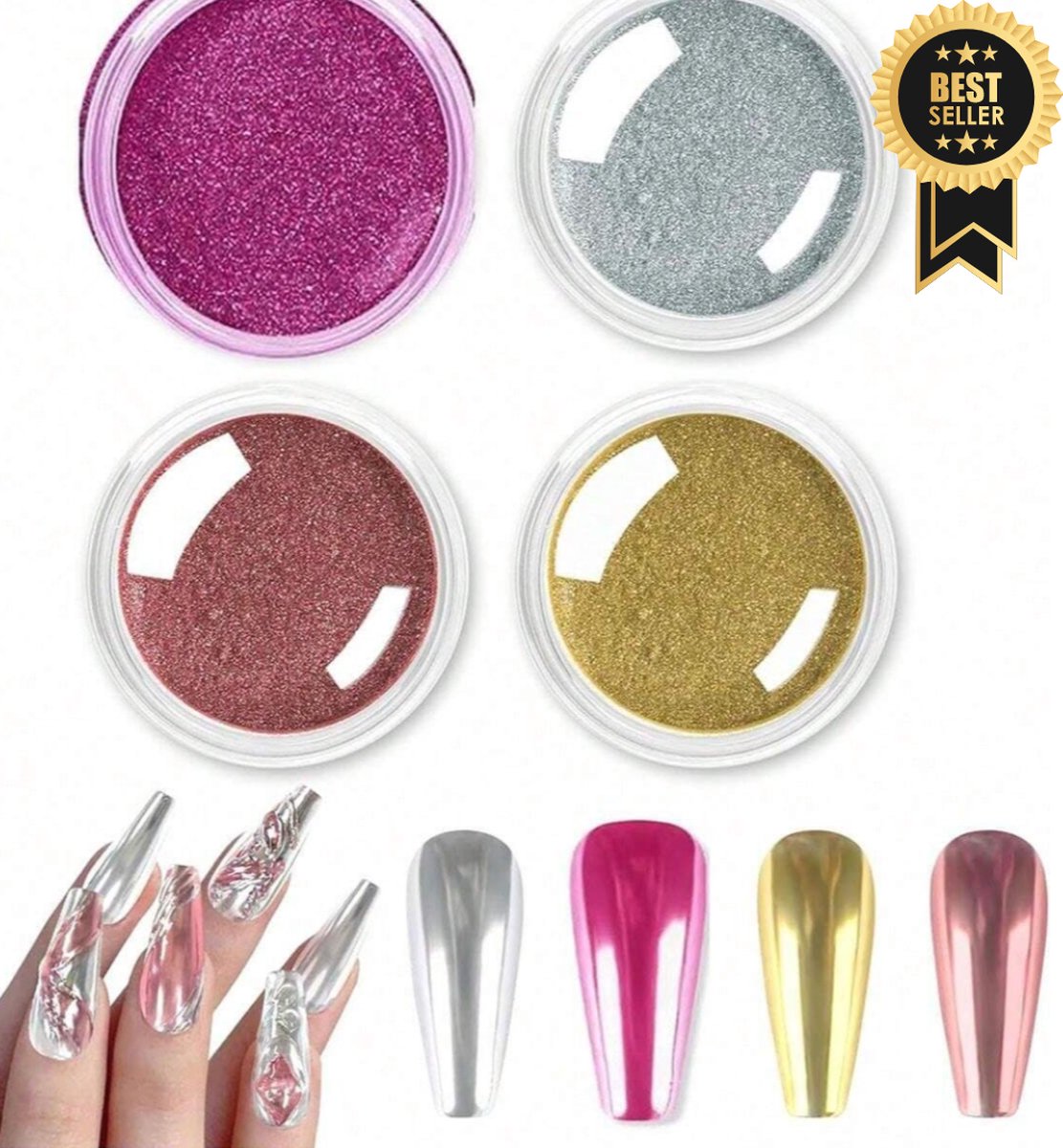 GUAPÀ® Spiegel Chrome Glitter Poeders Nagels | 4 Spiegel & Chrome Nail Art Poeders | Holografische Glitters Nagels | Spiegel en pigment poeders | Chrome Nagels | 4 stuks diverse kleuren nagelpoeders