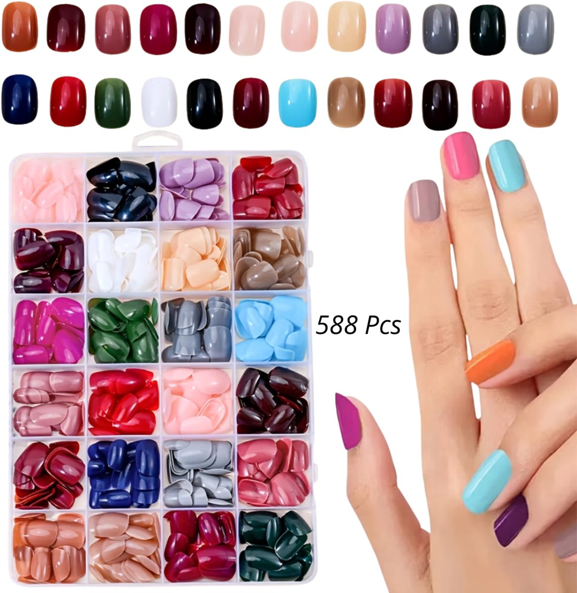GUAPÀ® Plaknagels 588 Pcs Diverse Kleuren | Korte Nagel Tips | Kunstnagels | Valse nagels | Press On Nails | Nepnagels Diverse Kleuren 588 Stuks Korte Shape