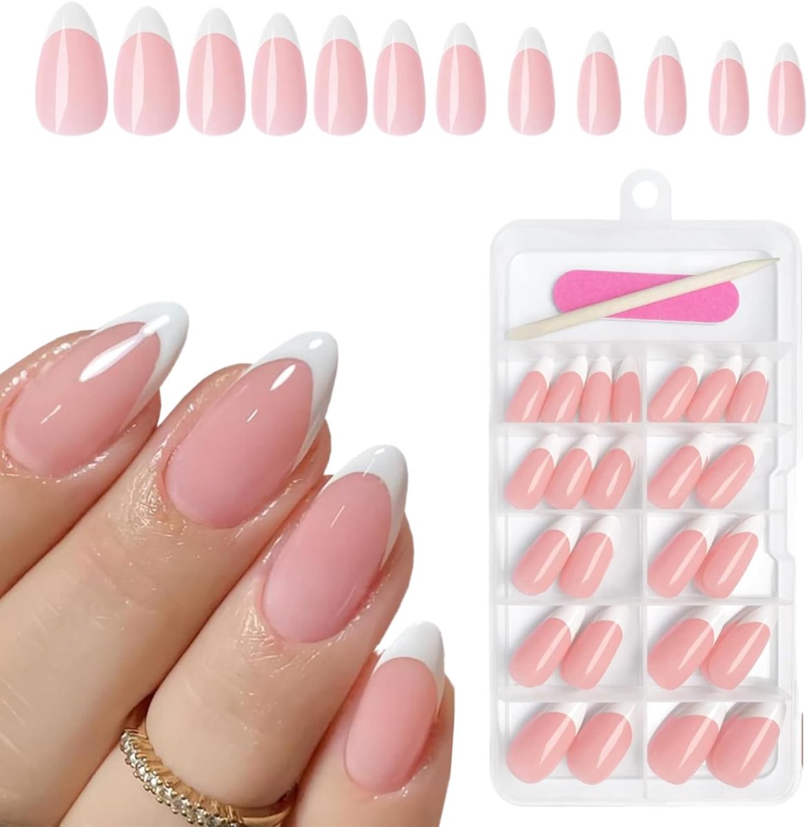 GUAPÀ® Plaknagels French Manicure 120 Pcs| Valse nagels | Press On Nails | Zelfklevende Plaknagels | Nepnagels | Kunstnagels | Compleet plaknagels starterspakket | Nagels Wraps | Nail Art | Smile line | Plaknagels Nude Roze Almond Tips
