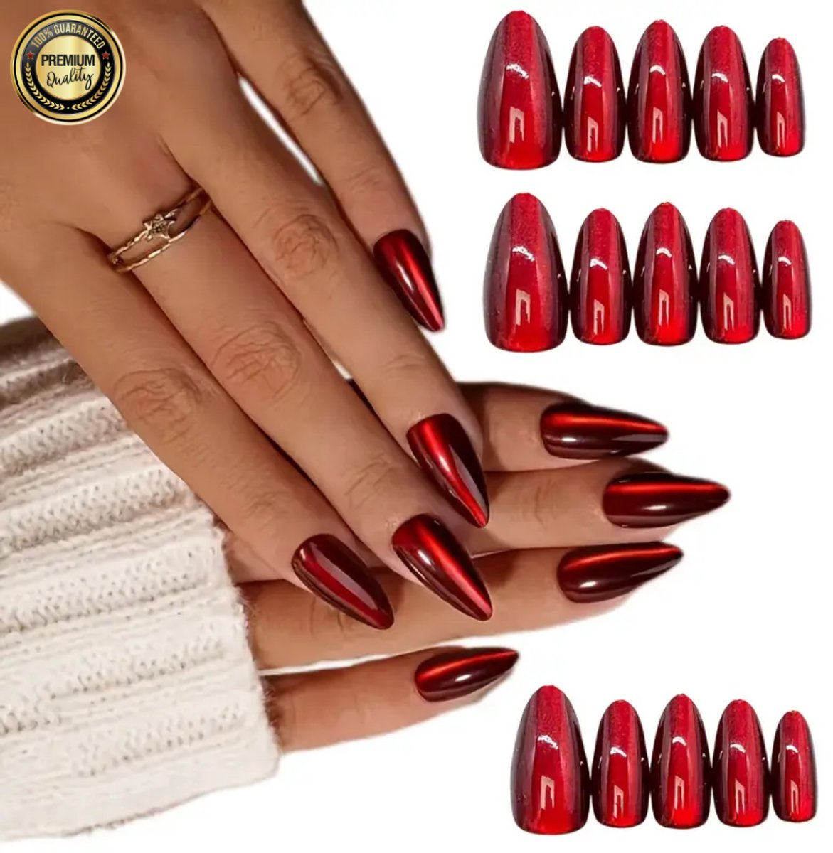 GUAPÀ® Plaknagels Rood 24 Delige Nagelset | 24 stuks valse nagels | Press On Nails | Zelfklevende Plaknagels | Nepnagels | Kunstnagels | Compleet plaknagels starterspakket | Nagels Wraps | Nail Art | 24 stuks plaknagels Metallic Rood