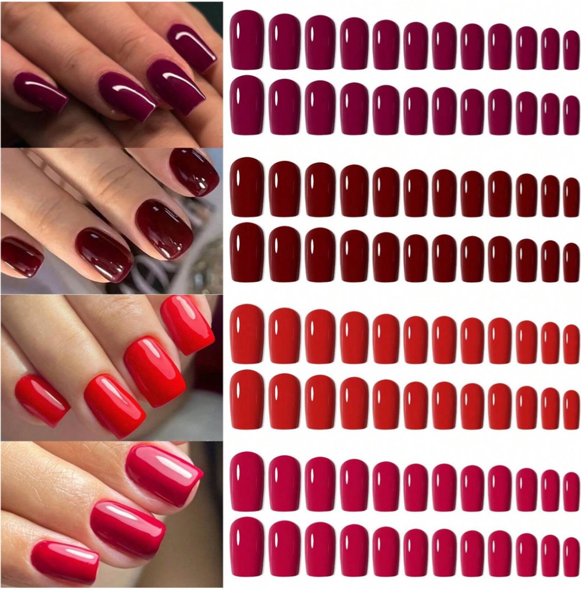 GUAPÀ® Plaknagels Rood Tinten | 96 stuks valse nagels | Press On Nails | Zelfklevende Plaknagels | Nepnagels | Kunstnagels | Compleet plaknagels starterspakket | Nagels Wraps | Nail Art | Winter Nagels | 96 stuks plaknagels Rood Tinten