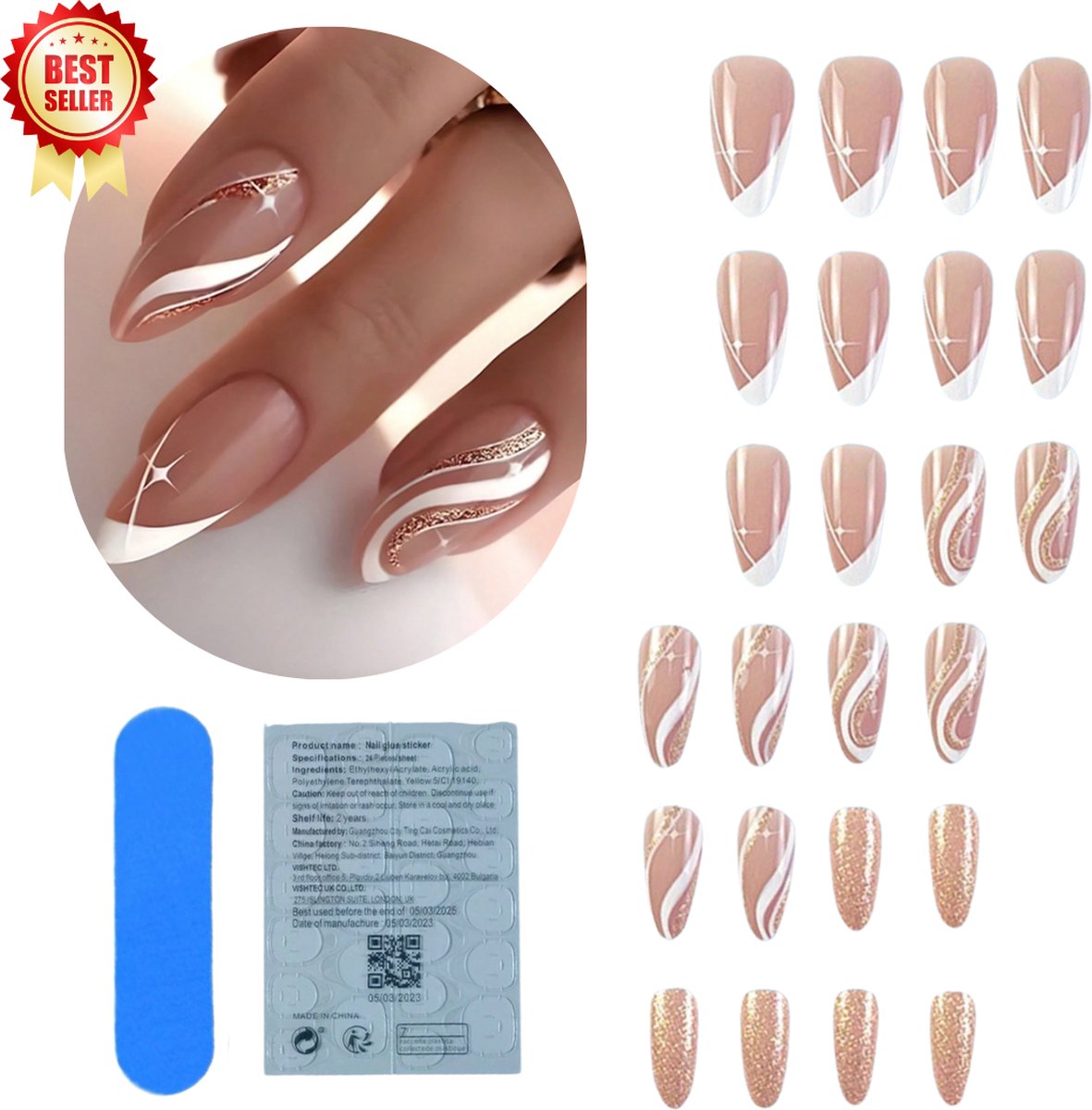GUAPÀ® Plaknagels | 24 stuks valse nagels | Press On Nails | Zelfklevende Plaknagels | Nepnagels | Kunstnagels | Compleet plaknagels starterspakket | Nagels stickers | Kerst Nagels | 24 stuks plaknagels French Manicure Goud Nail Art