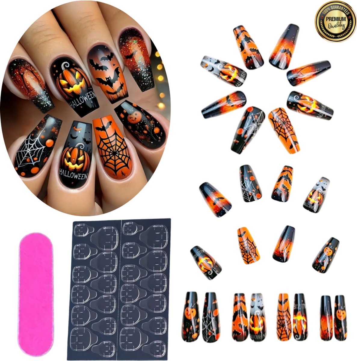 GUAPÀ® Plaknagels | 24 stuks valse nagels | Press On Nails | Zelfklevende Plaknagels | Nepnagels | Kunstnagels | Compleet plaknagels starterspakket | Nagels stickers | Halloween Nagels | 24 stuks plaknagels Halloween Thema