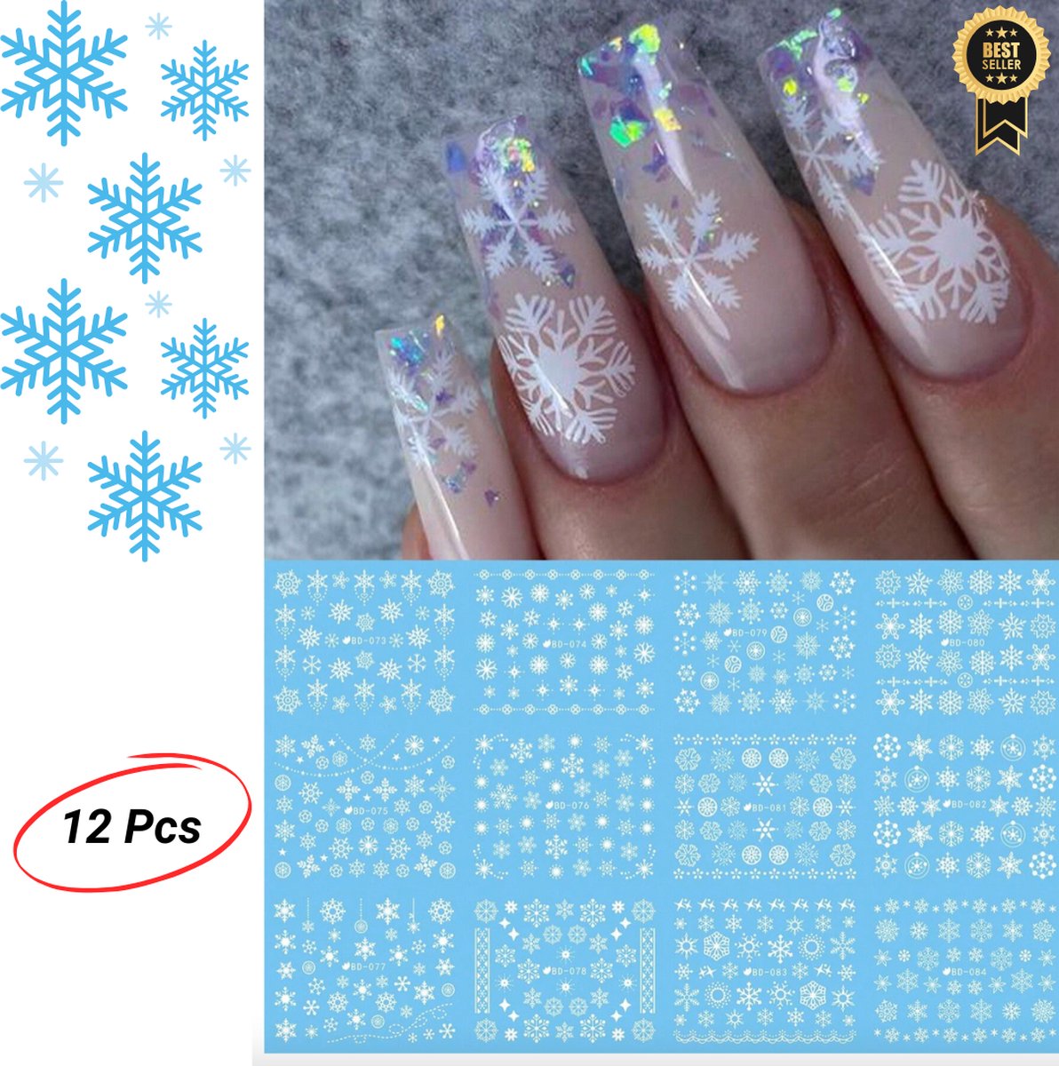 GUAPÀ® Nagelstickers Kerst | Diverse Patroontjes Kerst Vlokken Stickers Nagels | 3D Nagelstickers | 1 Velletje Nail Decals Kerst Sneeuw Vlokken Wit