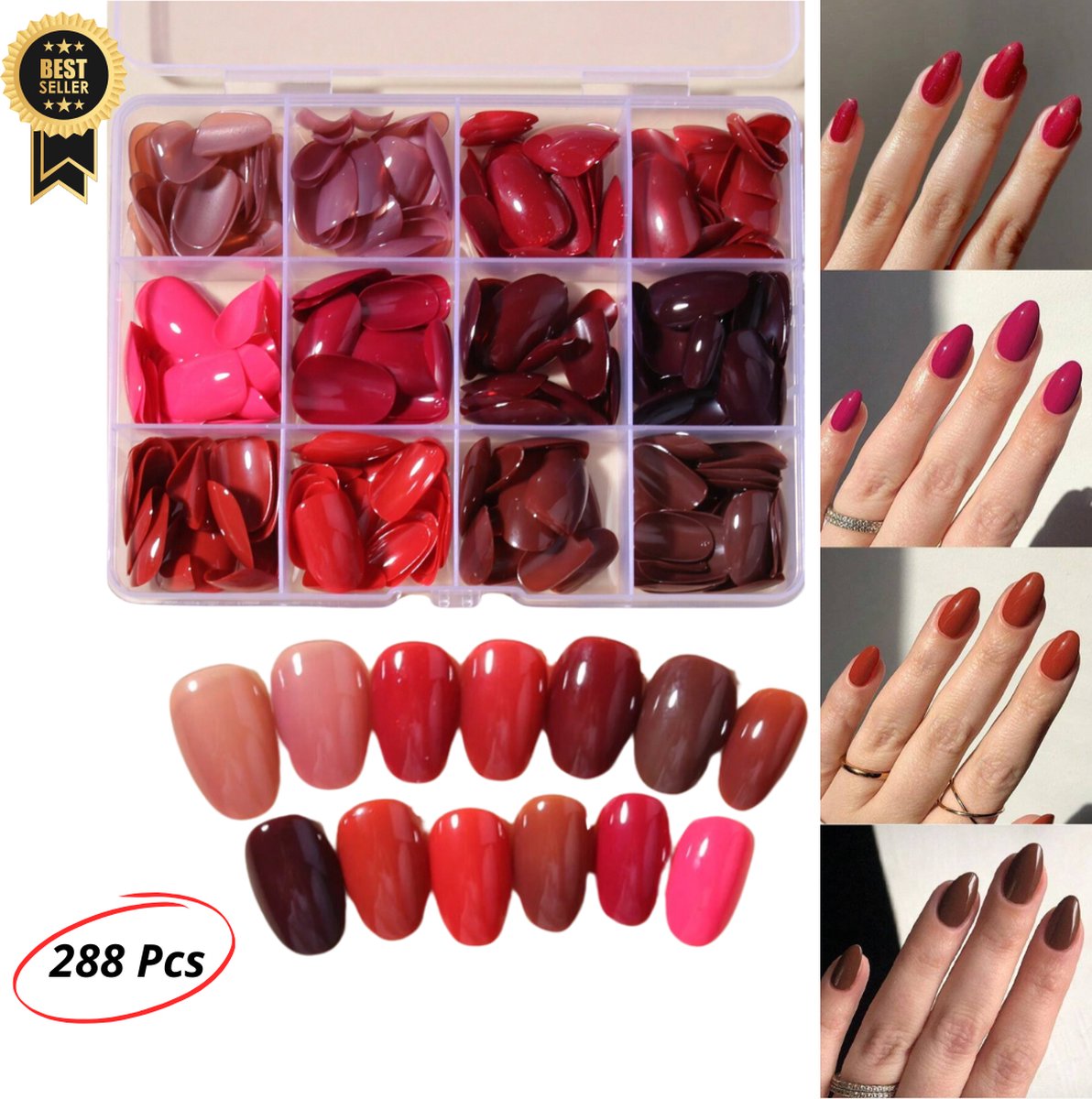 GUAPÀ® Plaknagels Rood Tinten | 288 stuks valse nagels | Press On Nails | Zelfklevende Plaknagels | Nepnagels | Kunstnagels | Compleet plaknagels starterspakket | Nagels Wraps | Nail Art | Winter Nagels | 288 stuks plaknagels Rood Tinten