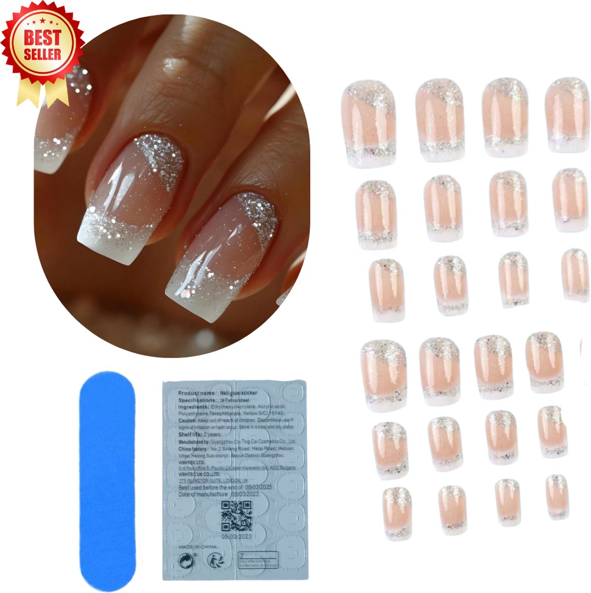 GUAPÀ® Plaknagels | 24 stuks valse nagels | Press On Nails | Zelfklevende Plaknagels | Nepnagels | Kunstnagels | Compleet plaknagels starterspakket | Nagels stickers | Kerst Nagels | 24 stuks plaknagels French Manicure Glitter Nail Art