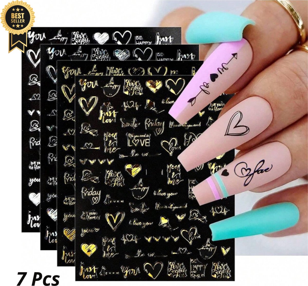 GUAPÀ® Nagelstickers Love Thema | 7 Vellen nagel stickers Hartjes Valentijnsdag | Nail Decals | Zelfklevende Nagelstickers | Nail Art | 7 vellen Nagelstickers Valentijnsdag Love Thema