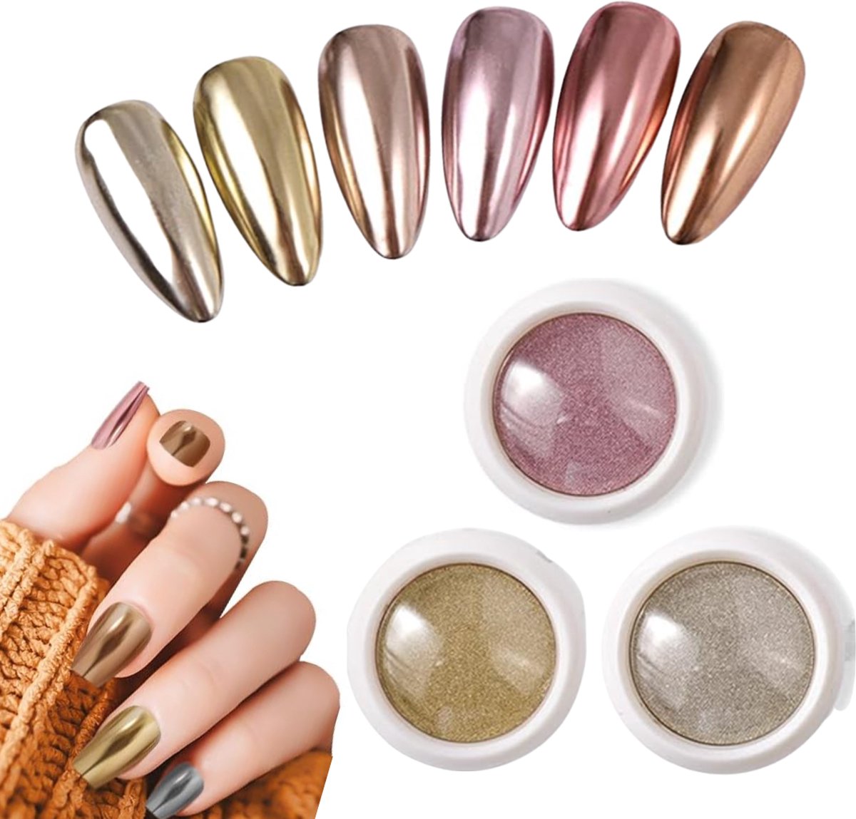 GUAPÀ® Holografische Glitter Poeder Set | 6 Nail Art glitters | Nail Art & Nagel Decoratie | Spiegel en pigment poeder | Chrome Nagels | 3 stuks diverse kleur nagelpoeder