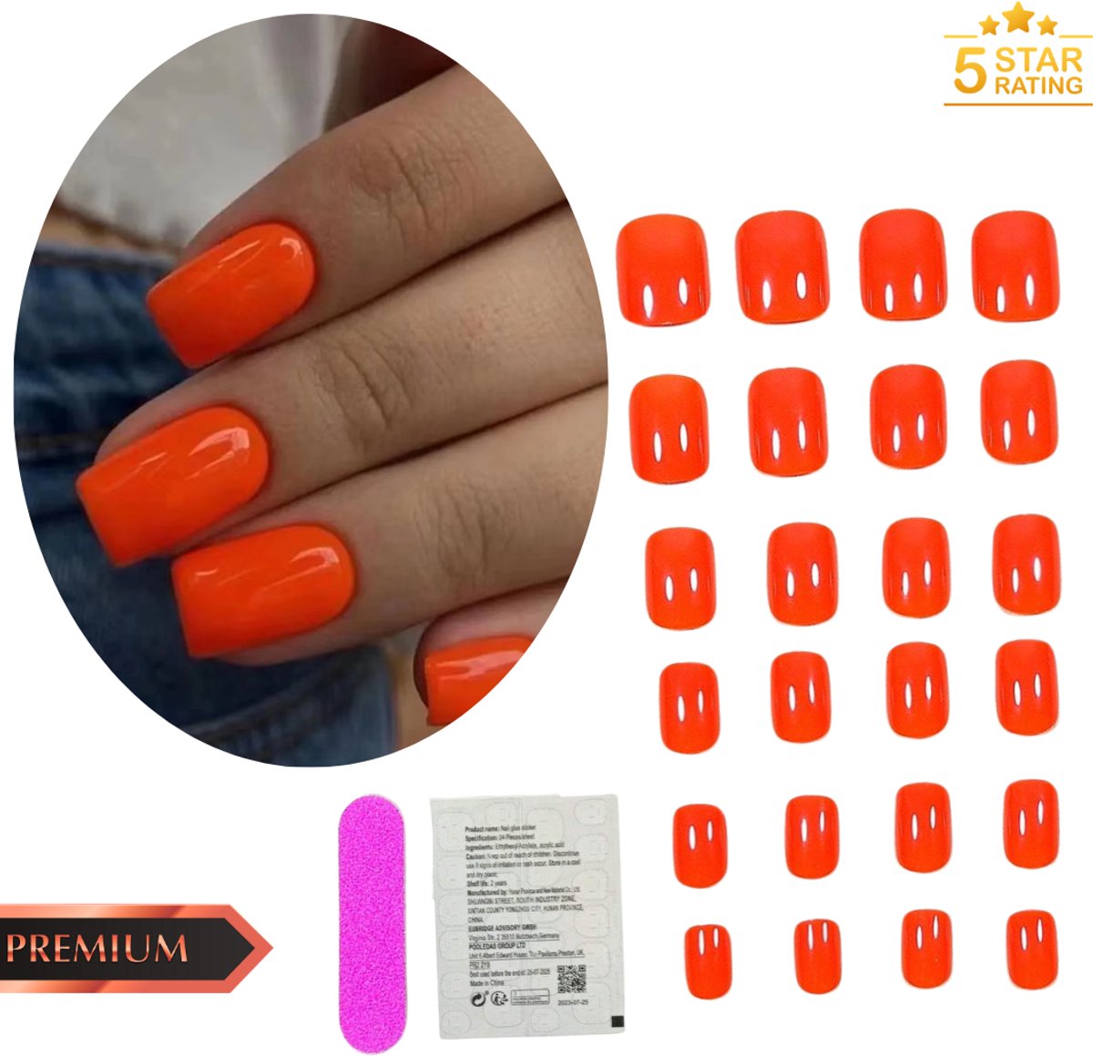 GUAPÀ® Plaknagels | 24 stuks valse nagels | Press On Nails | Zelfklevende Plaknagels | Nepnagels | Kunstnagels | Compleet plaknagels starterspakket | Nagels stickers | Oranje Nagels | 24 stuks plaknagels Oranje