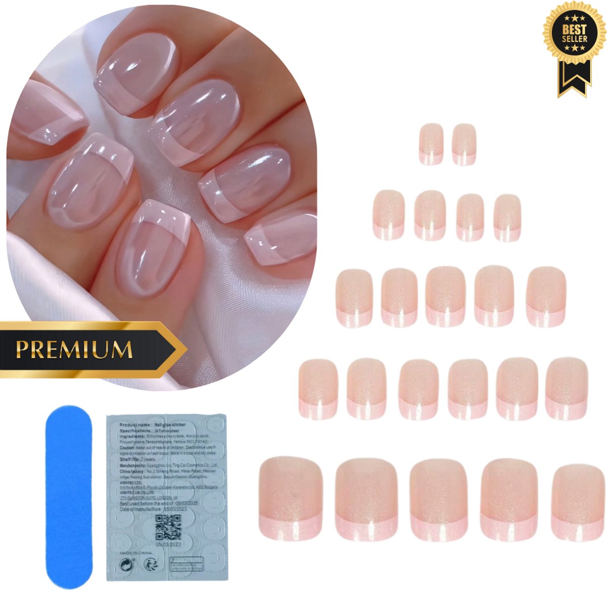 GUAPÀ® Plaknagels | 24 stuks valse nagels | Press On Nails | Zelfklevende Plaknagels | Nepnagels | Kunstnagels | Compleet plaknagels starterspakket | Nagels stickers | 24 stuks plaknagels French Manicure Roze Smile Line