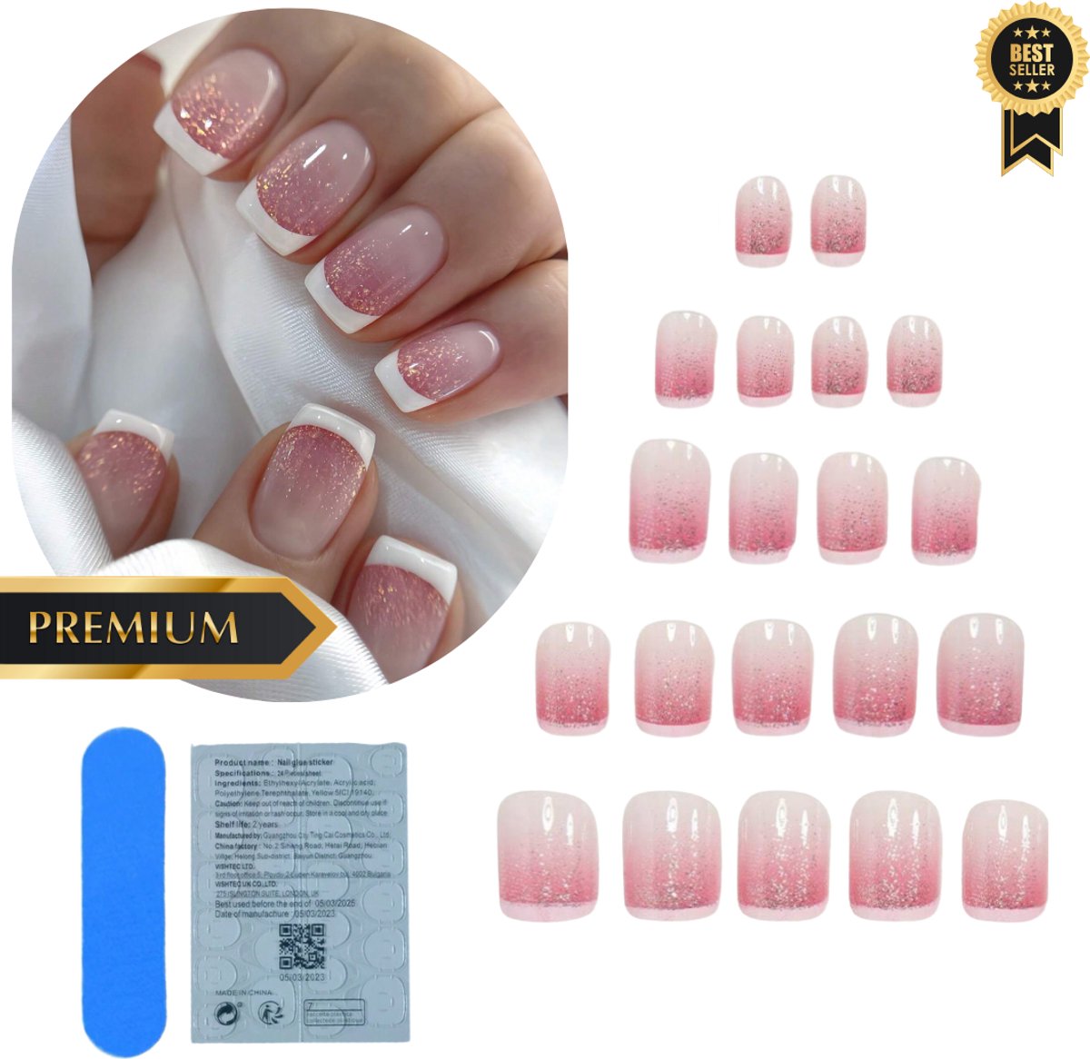 GUAPÀ® Plaknagels | 24 stuks valse nagels | Press On Nails | Zelfklevende Plaknagels | Nepnagels | Kunstnagels | Compleet plaknagels starterspakket | Nagels stickers | 24 stuks plaknagels French Manicure Roze Glitters Smile Line