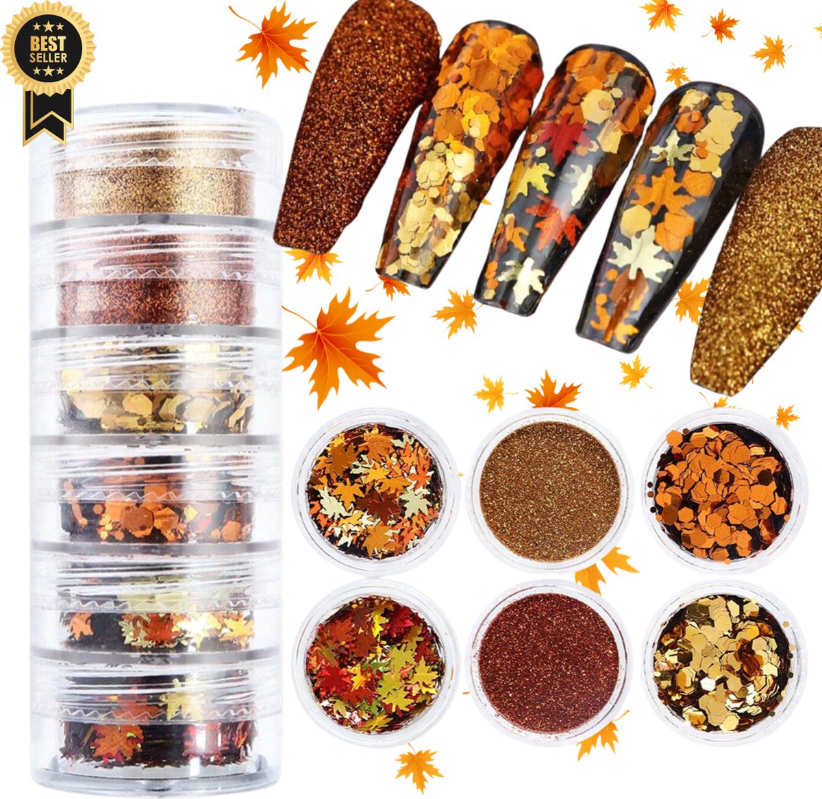 GUAPÀ® Nagel Glitter Poeder Set | 6 Nail Art glitters | Gouden Glitter Poeders | Nail Art & Nagel Decoratie | Spiegel en pigment poeder | Nagel Pailletten | 6 diverse Herfst Winter Nagel Poeders