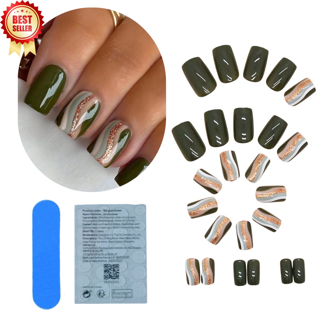 GUAPÀ® Plaknagels Groen Glitter | 24 stuks valse nagels | Press On Nails | Zelfklevende Plaknagels | Nepnagels | Kunstnagels | Compleet plaknagels starterspakket | Nagels stickers | Kerst Nagels | 24 stuks plaknagels Groen Glitters