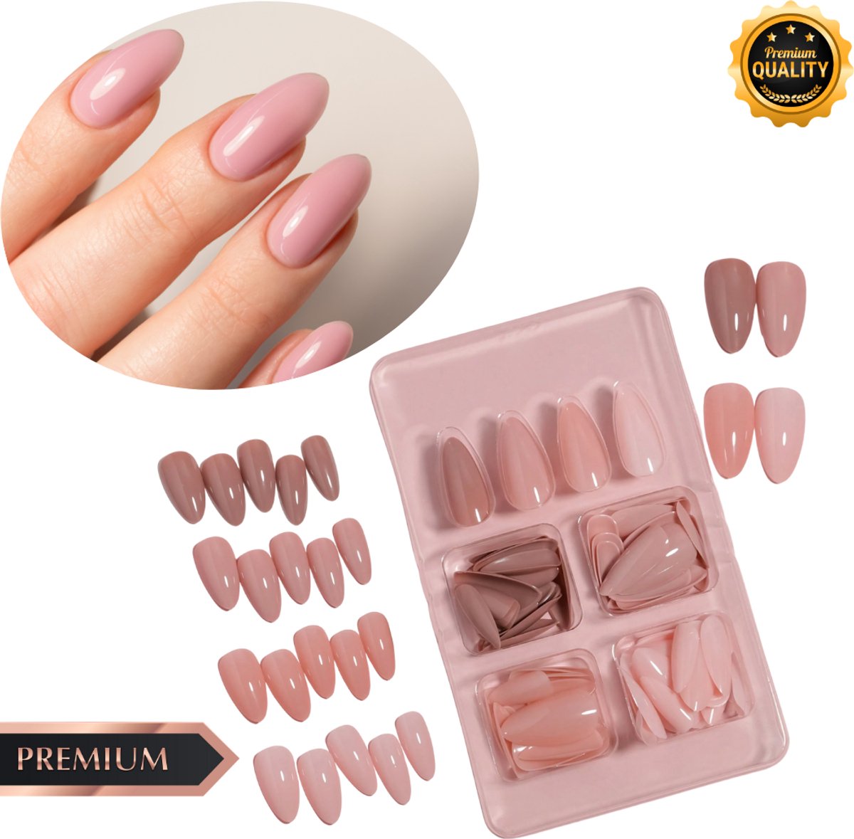 GUAPÀ® Plaknagels | 96 stuks valse nagels | Press On Nails | Zelfklevende Plaknagels | Nepnagels | Kunstnagels | Compleet plaknagels starterspakket | Nagels Wraps | Nail Art | Zomer Nagels | 96 stuks plaknagels Bruin Nude Tinten