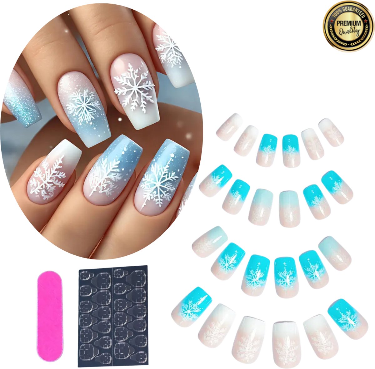 GUAPÀ® Plaknagels Kerst | 24 stuks valse nagels | Press On Nails | Nepnagels | Kunstnagels | Compleet plaknagels starterspakket | Nagels stickers | 24 stuks plaknagels Kerst Nagels Lichtblauw Kerstvlokken