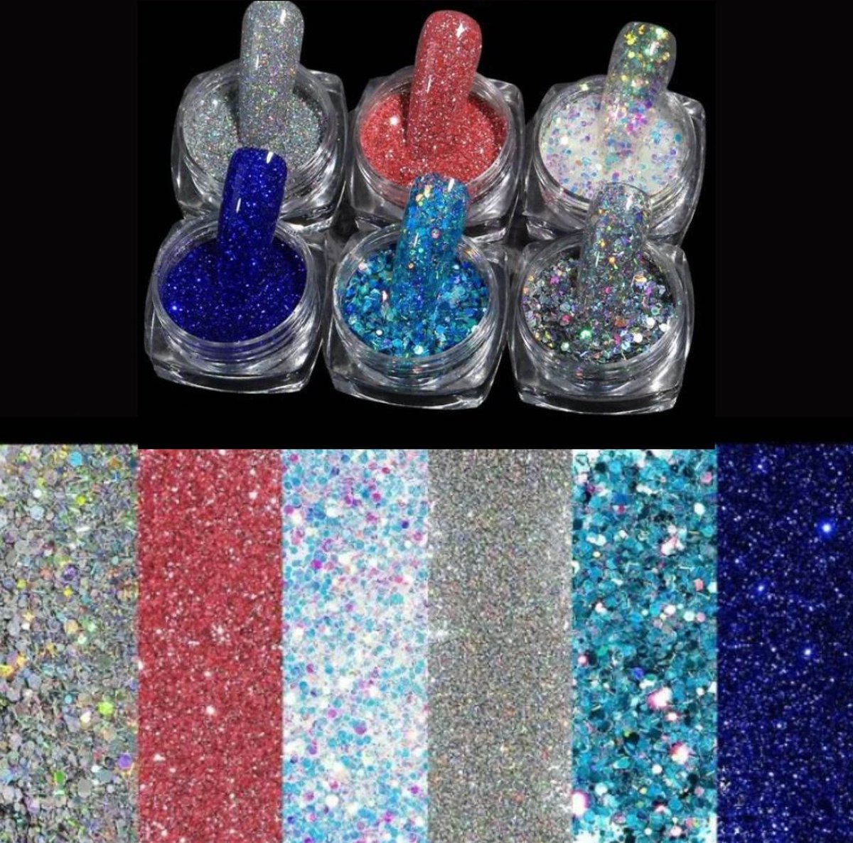 GUAPÀ® Nagel Glitters | Nail Art | Diverse nagel decoratie | 6 Stuks glitters | Rood / Blauw / Zilver | Nagel Decoratie Strass