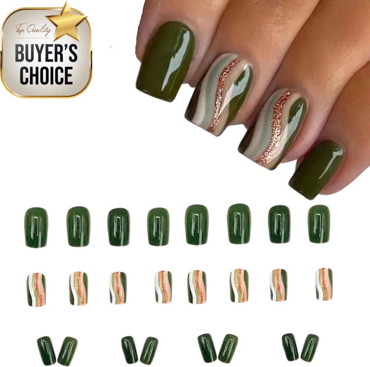 GUAPÀ® Plaknagels Set | 24 stuks valse nagels | Press On Nails | Zelfklevende Plaknagels | Nepnagels | Kunstnagels | Compleet plaknagels starterspakket | Nagels stickers | Feest Nagels | 24 stuks plaknagels Groen Goud Glitters