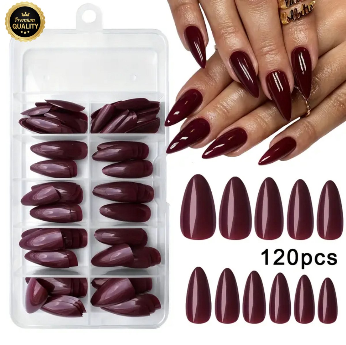 GUAPÀ® Plaknagels Almond Bordeaux Rood 120 stuks | Valse nagels | Press On Nails | Zelfklevende Plaknagels | Nepnagels | Kunstnagels | Compleet plaknagels starterspakket | Nagels Wraps | Nail Art | Nageltips | 120 stuks Plaknagels Almond Vorm Rood