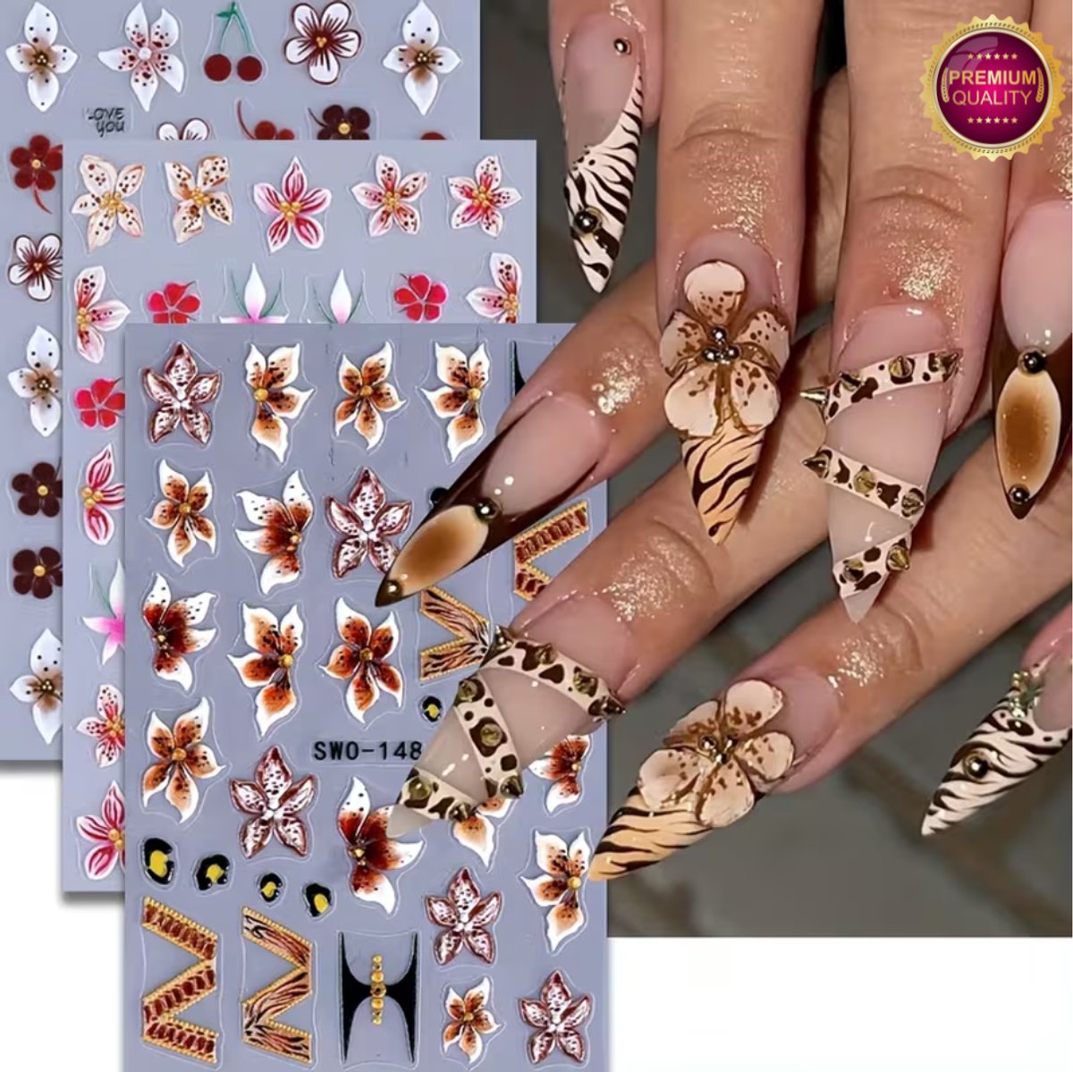 GUAPÀ® Nagelstickers Bloement 3 Vellen | Nail Decals | Nagelversiering | Gellak | Nagellak | Acryl Nagels | 5D Bloemen Stickers Nagels | Taupe Roze Lelie Bloemen 5D Nagelstickers 3 Vellen