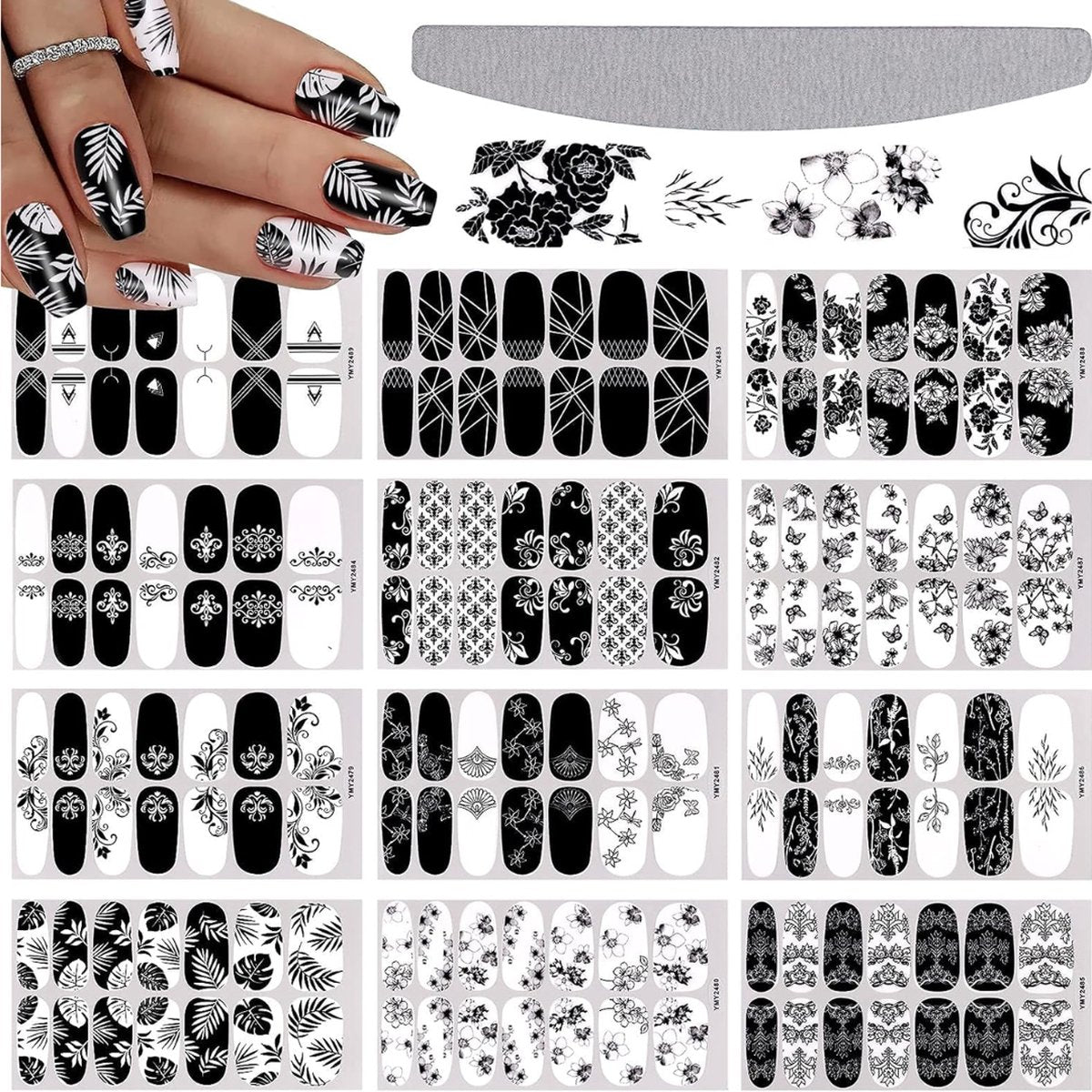 Nail Wraps Nagelstickers 12 pcs | Zwart Wit Bladeren