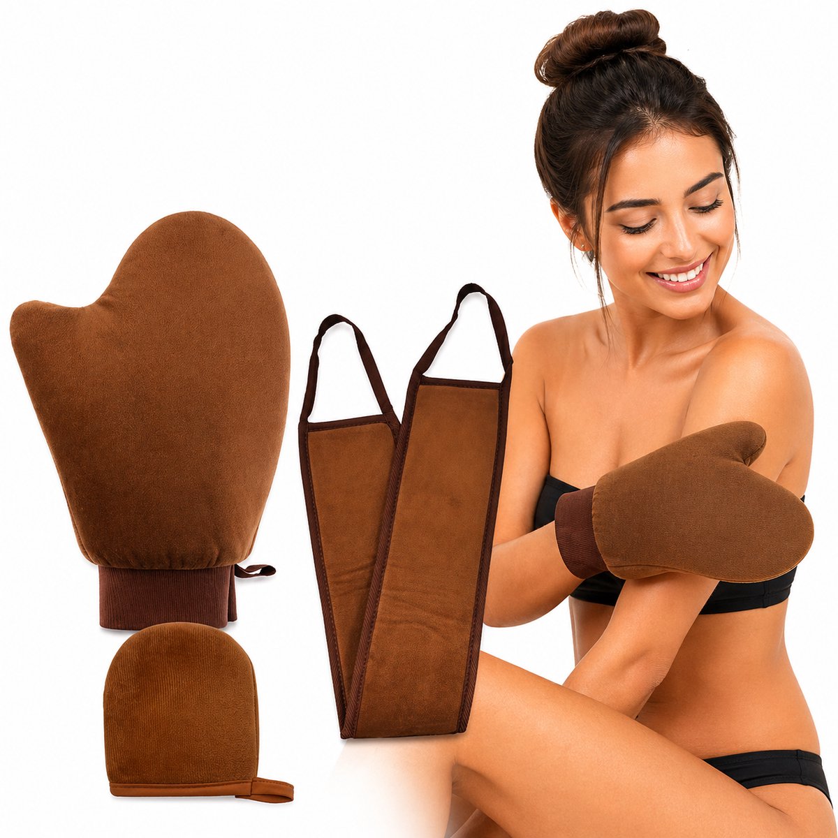 GUAPÀ® Tanning Handschoen Applicatie Set 3-Delig - Zelfbruiningshandschoen - Fluwelen Applicatiehandschoen voor Zelfbruiner & Bodylotion – Zacht, Streepvrij & Wasbaar – Gezicht, Benen & Lichaam - 3 x Tanning Glove Tanning Spray, Foam & Mousse