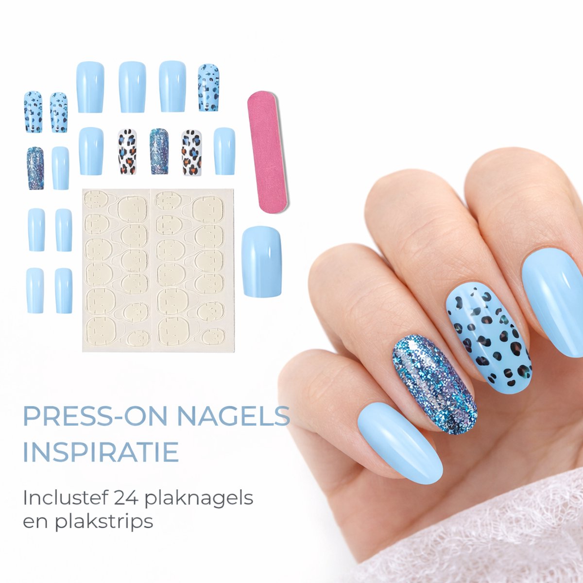 GUAPÀ® Plaknagels 24 Pcs Luipaard Licht Blauw | Nagel Tips | Kunstnagels | Valse nagels | Press On Nails | Nepnagels Diverse Kleuren 24 Stuks Plaknagels Medium Almond Shape