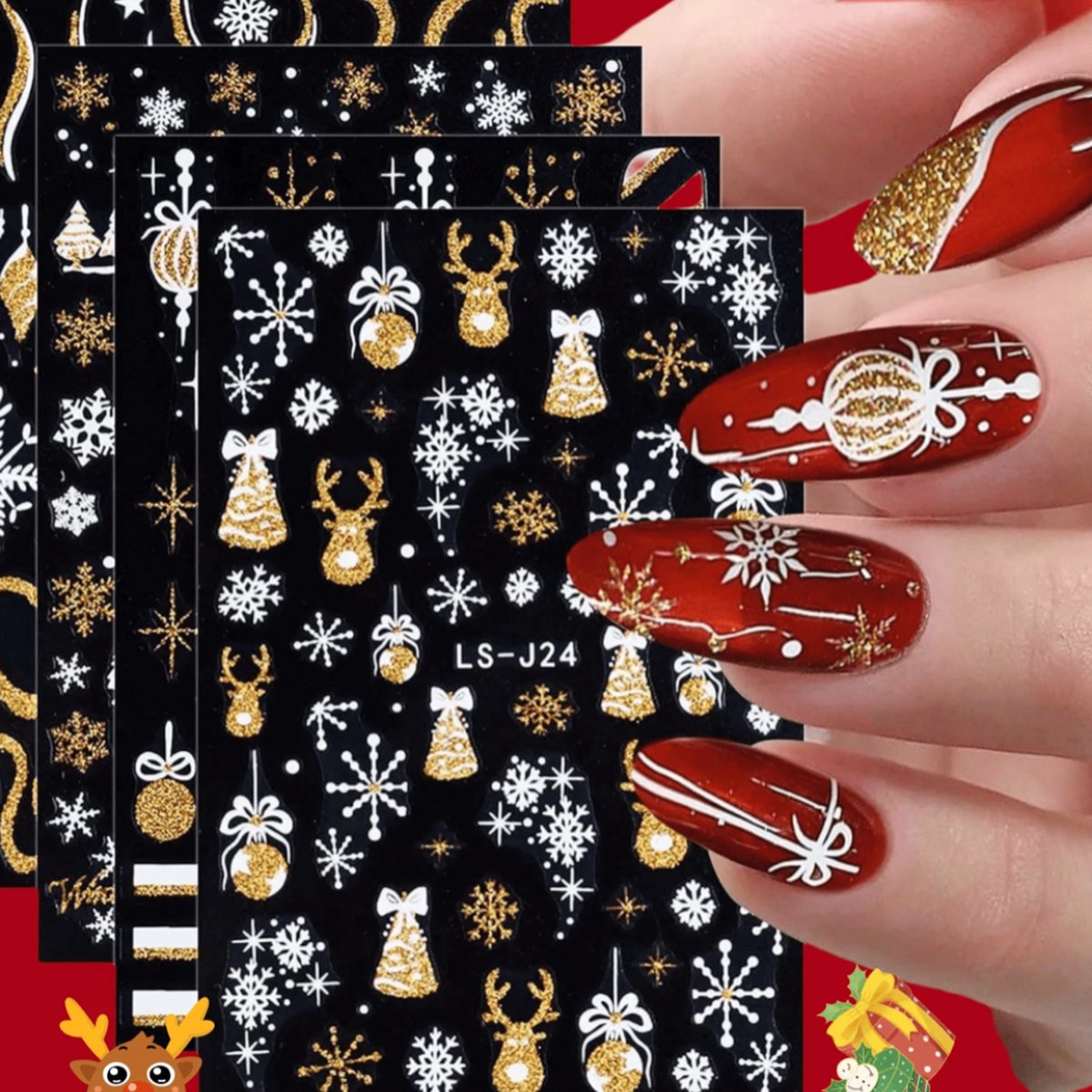 GUAPÀ® Nagelstickers diverse patronen | Kerst nagelstickers | Nail Art | Nageldecoratie kerstvormpjes | Kinder Kerst Nagel Stickers | 4 Nagelstickers kerstvellen