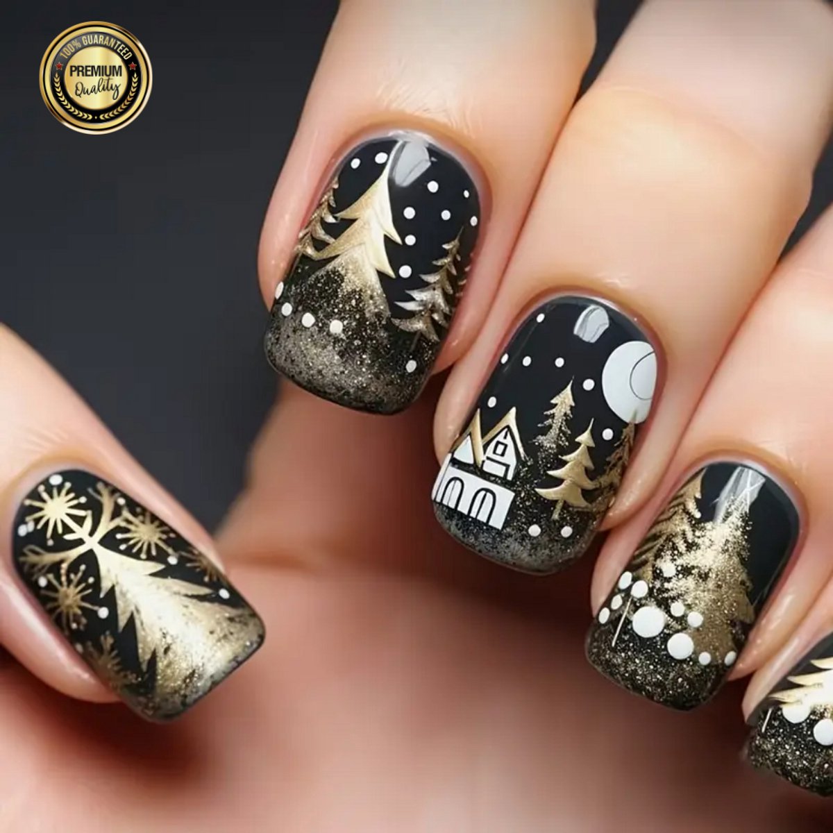 GUAPÀ® Plaknagels 24 Delige Nagelset | 24 stuks valse nagels | Press On Nails | Zelfklevende Plaknagels | Nepnagels | Kunstnagels | Compleet plaknagels starterspakket | Nagels Wraps | Nail Art | 24 stuks plaknagels Kerst Thema Nagels Zwart Goud