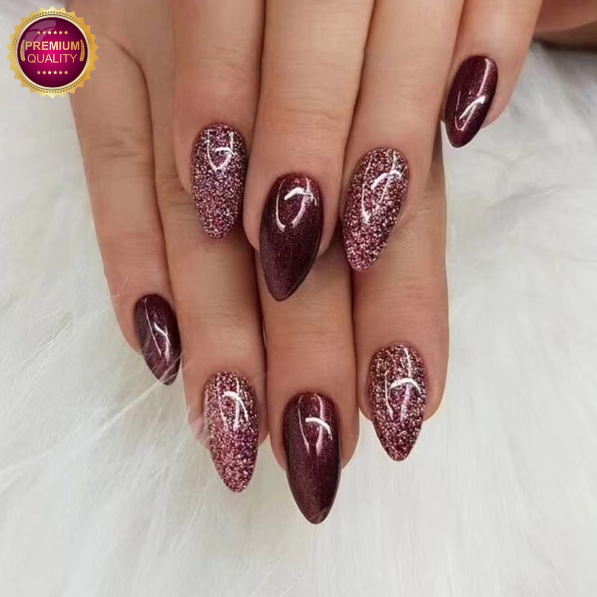 GUAPÀ® Plaknagels | 24 stuks valse nagels | Almond Nageltips | Press On Nails | Zelfklevende Plaknagels | Nepnagels | Kunstnagels | Compleet plaknagels starterspakket | Nagels stickers | Glitter Nagels | 24 stuks plaknagels Rood Bordeaux Glitters