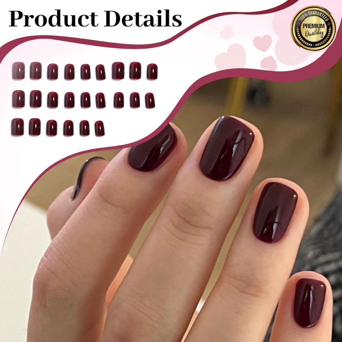GUAPÀ® Plaknagels Rood | 24 stuks valse nagels | Press On Nails | Zelfklevende Plaknagels | Nepnagels | Kunstnagels | Compleet plaknagels starterspakket | Nagels stickers | Kerst Nagels | 24 stuks plaknagels Kort Bordeaux Rood
