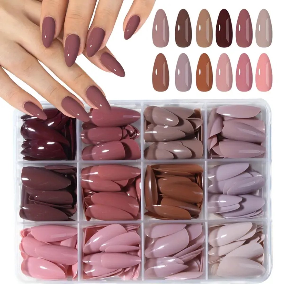 GUAPÀ® Plaknagels Nude Bruine Tinten | 288 stuks valse nagels | Press On Nails | Zelfklevende Plaknagels | Nepnagels | Kunstnagels | Compleet plaknagels starterspakket | Nagels Wraps | Nail Art | Taupe Nagels | 288 stuks plaknagels Nude Bruine Tinten