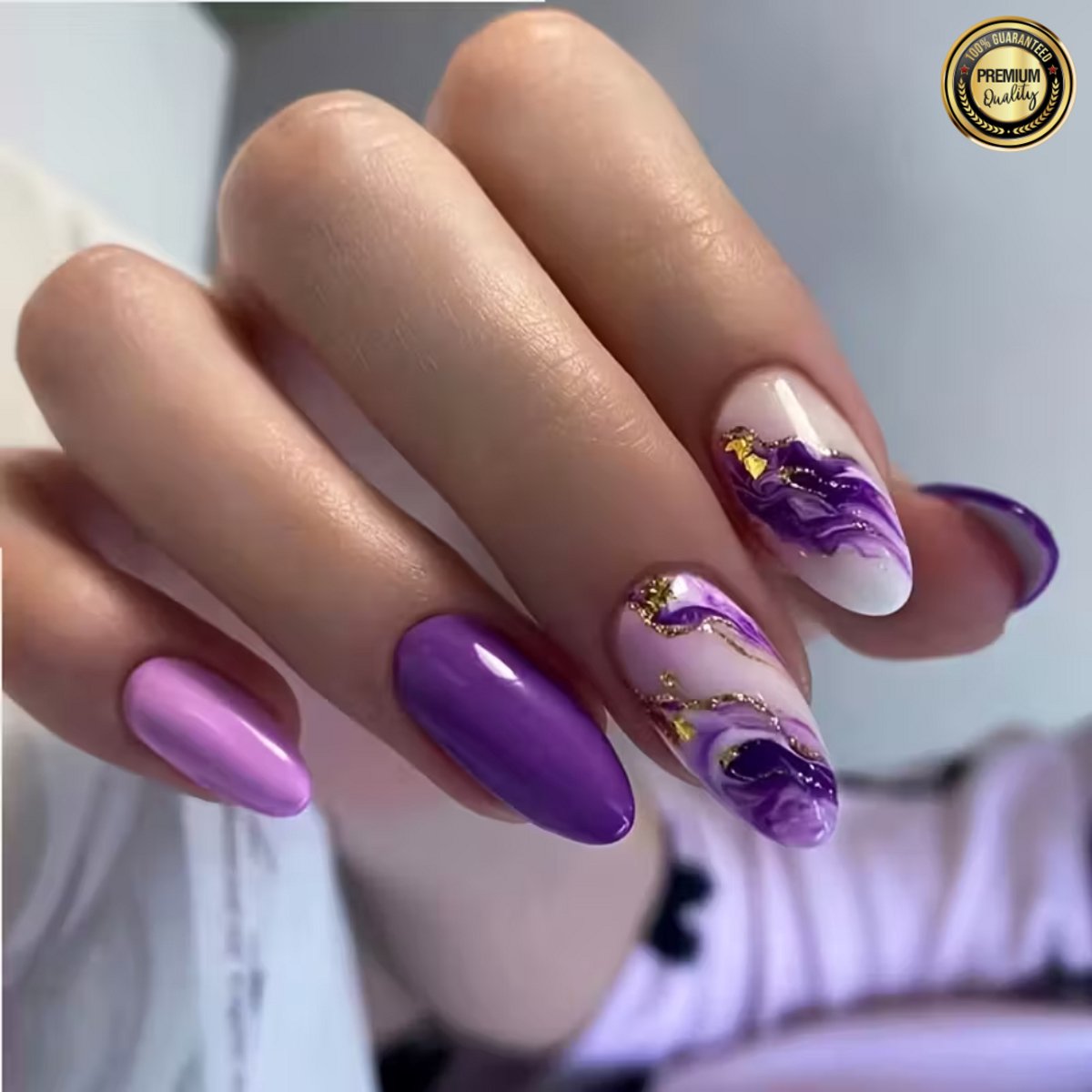 GUAPÀ® Plaknagels | 24 stuks valse nagels | Press On Nails | Zelfklevende Plaknagels | Nepnagels | Kunstnagels | Compleet plaknagels starterspakket | Nagels stickers | Glitter Nagels | 24 stuks plaknagels Paars Marmeren Glitters