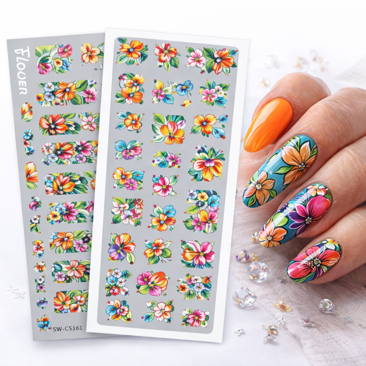 GUAPÀ® Nagelstickers Bloemetjes 2 vellen 5D Tropische Bloemen | Nail Decals | Nagelversiering | Gellak | Nagellak | Acryl Nagels | 5D Bloemen Stickers Nagels | Multicolor Bloemetjes 5D Stickers 2 Vellen