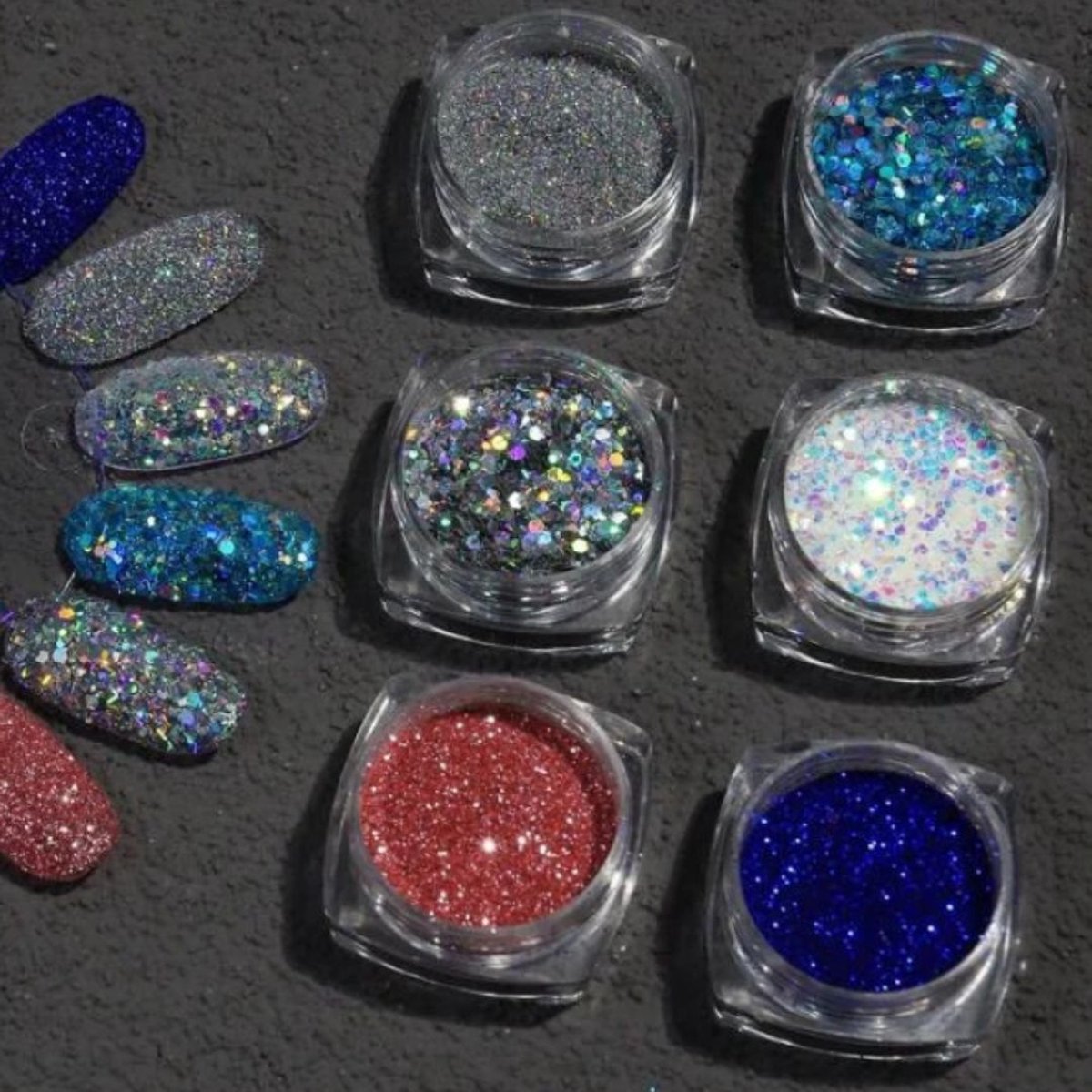 GUAPÀ® Nagel Glitters | Nail Art | Diverse nagel decoratie | 6 Stuks glitters | Rood / Blauw / Zilver | Nagel Decoratie Strass