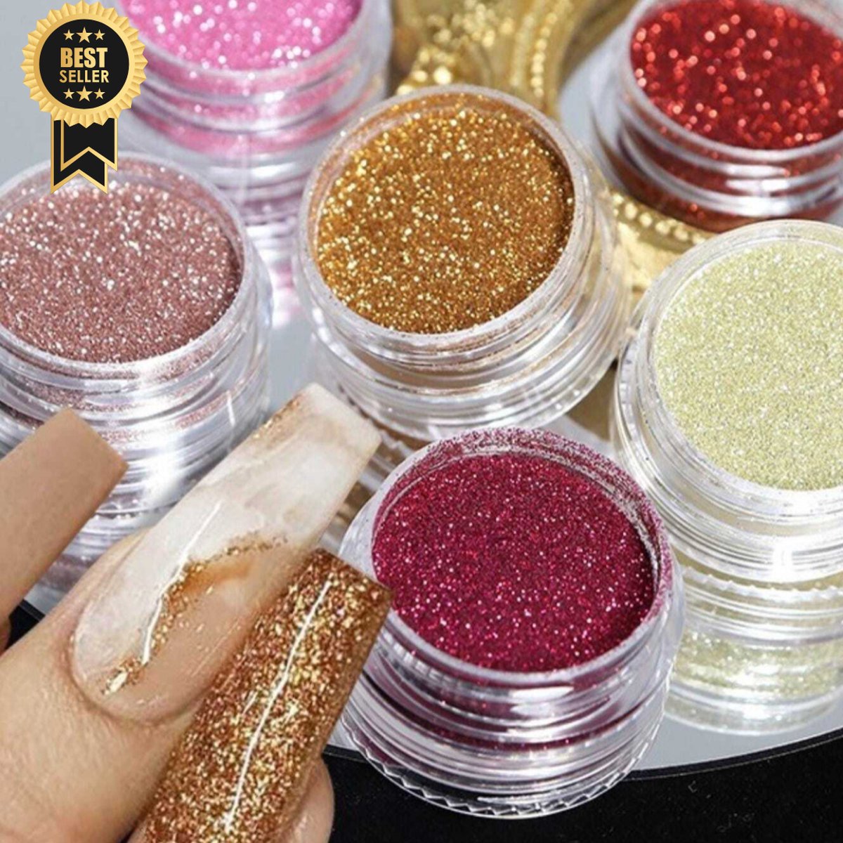 GUAPÀ® Nagel Glitter Poeder | Nail Art | Nagel Decoratie | Sugar powder Nails | Nagelversiering | Rhinestones | nagel glitters | 6 diverse glitters Goud Rood
