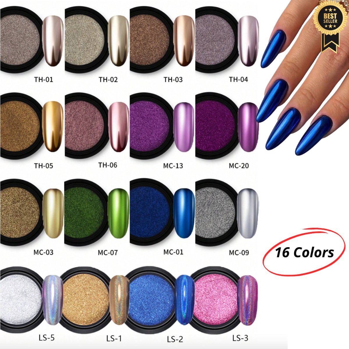 GUAPÀ® Spiegel Chrome Glitter Poeders Nagels | 16 Spiegel & Chrome Nail Art Poeders | Holografische Glitters Nagels | Spiegel en pigment poeders | Chrome Nagels | 16 stuks diverse kleuren nagelpoeders