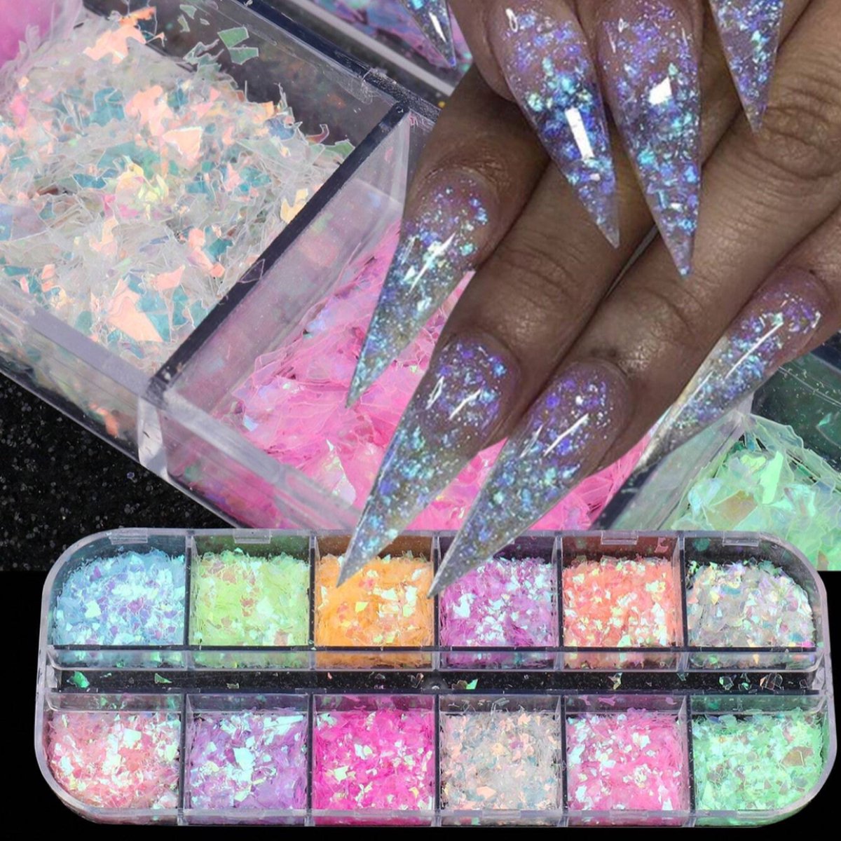GUAPÀ® Nagel Glitters | Nail Art | 12 Delige Neon Vlokken voor nagels | Acryl Nagels | Gel Nagels | Gellak | Nagelstickers | Nagel Strass | Nail Art Vlokken 12 diverse kleuren Neon