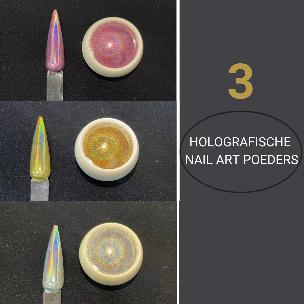 GUAPÀ® Holografische Glitter Poeder Set | 6 Nail Art glitters | Nail Art & Nagel Decoratie | Spiegel en pigment poeder | Chrome Nagels | 3 stuks diverse kleur nagelpoeder