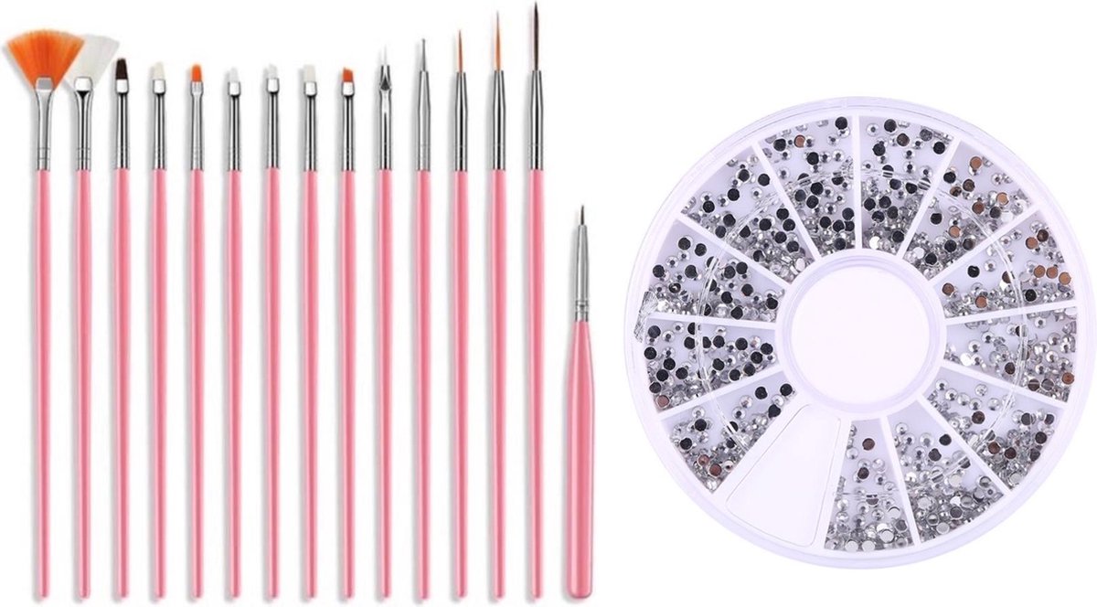 Complete Nail Art Kit - 15 delig Penselen Set + Rhinestones Zilver - DEAL!
