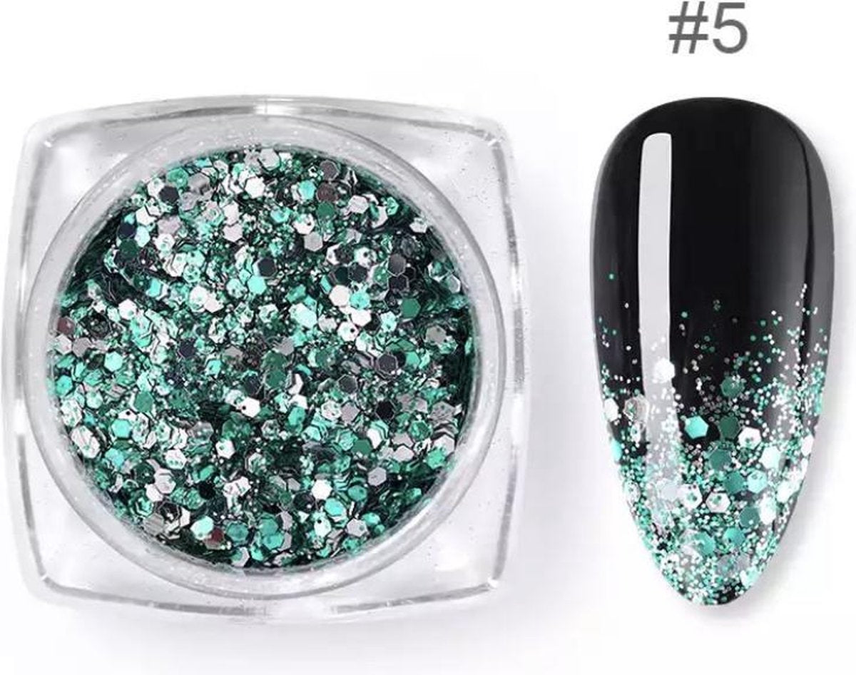 Nail Art Glitter Schubben Groen + Kwastje |Glitter Pailletjes | Rhinestones | Nagelversiering