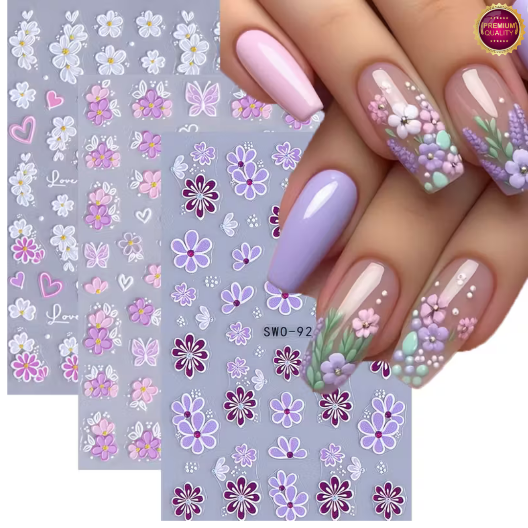 GUAPÀ® Nagelstickers Bloementjes 3 Vellen | Paars Witte Bloemen