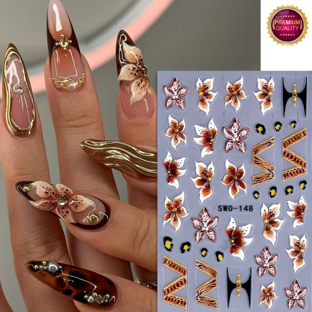 Nagelstickers Bloement 3 Vellen | Nail Decals | Taupe Roze Lelie Bloemen