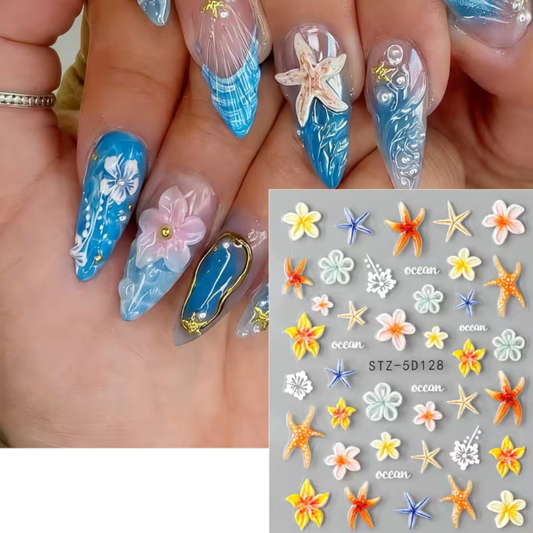 Nagelstickers Bloemen & Zeesterren 3D | 2 Vellen Nagelstickers