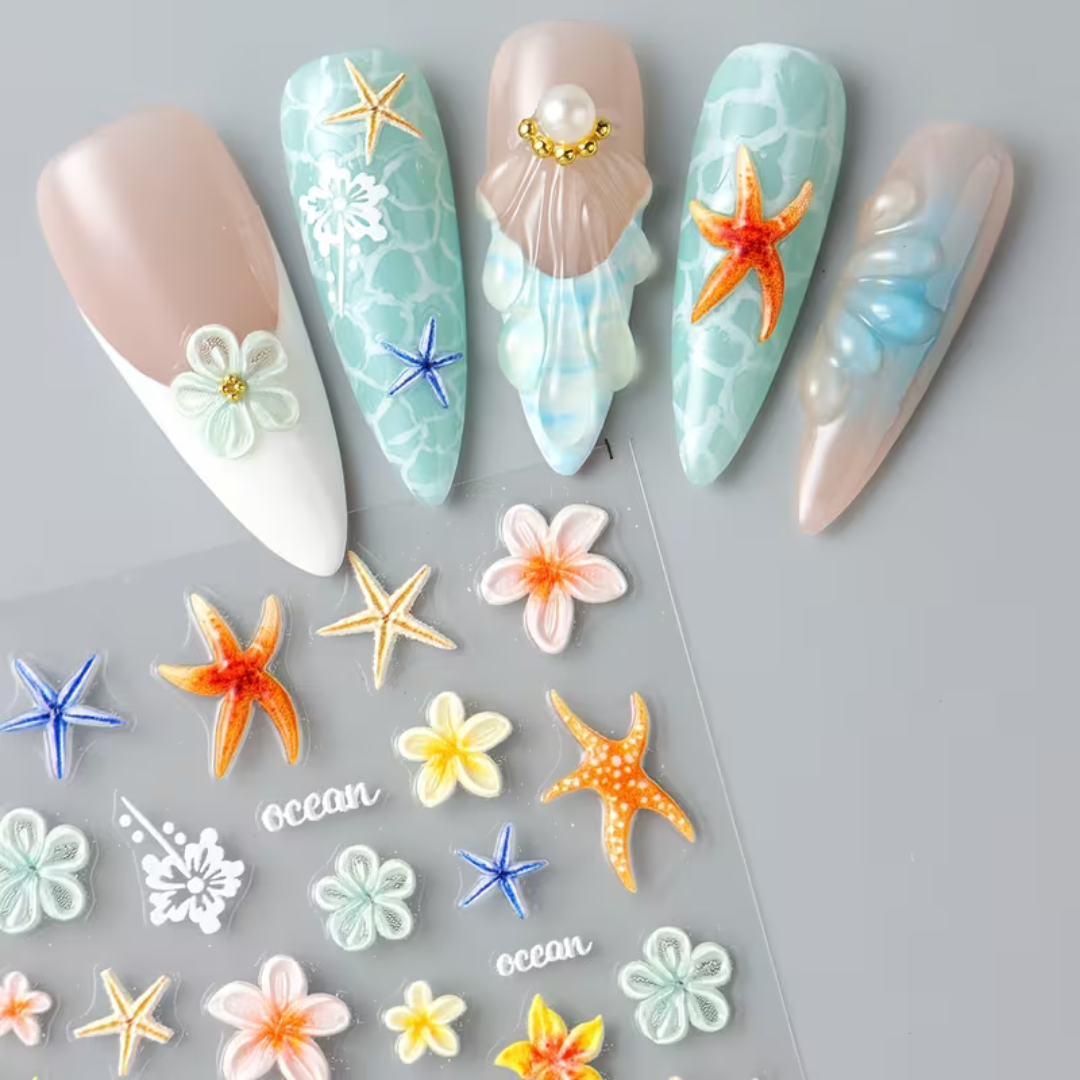Nagelstickers Bloemen & Zeesterren 3D | 2 Vellen Nagelstickers