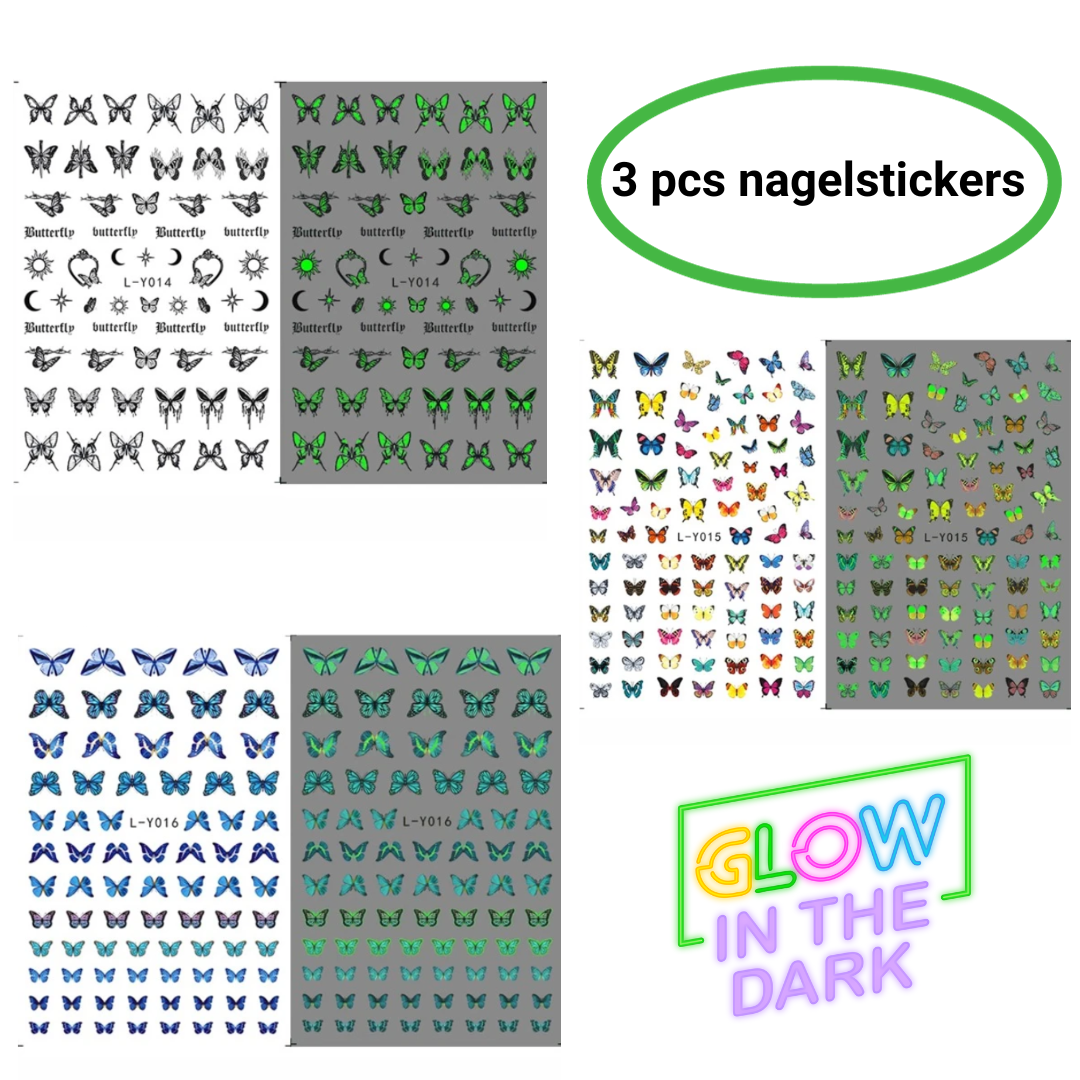 GUAPÀ® Nagelstickers 3 pcs nagelstickers vlinders met glow in the dark