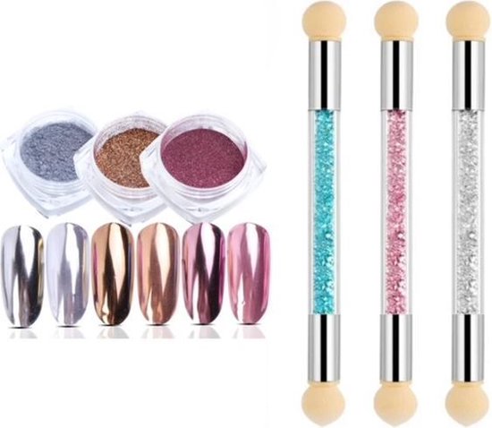 GUAPÀ - Nail Art Penselen Spons Set met Holografische Glitter Poeder Set voor het maken van prachtige Nail Art effecten op je nagels - 6 Delige Nail Art Set