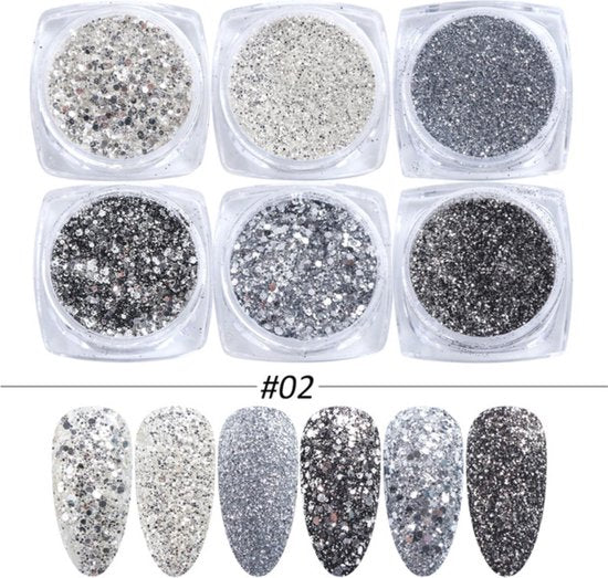 Glitter Poeder Nail Art Set - 6 Stuks - Zilver / Zwart / Wit - Nagel Decoratie Strass