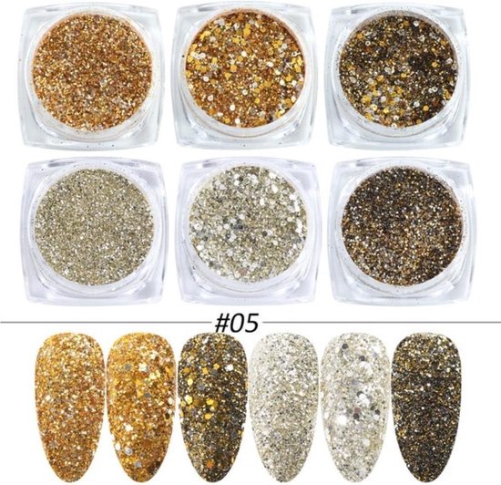 Glitter Poeder Nail Art Set - 6 Stuks - Goud / Zilver / Brons - Nagel Decoratie Strass
