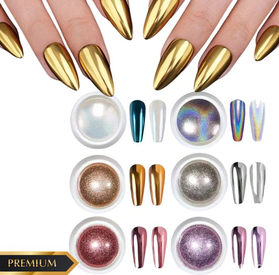 GUAPÀ® Holografische Glitter Poeder Set | 6 Nail Art glitters | Diverse Kleuren Chrome Poeders | Mirror Nails | Nail Art & Nagel Decoratie | Spiegel en pigment poeder | Chrome Nagels | 6 stuks diverse kleur Holografische Poeders