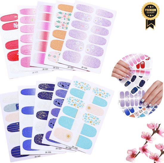 GUAPÀ® Nail wraps Nagelstickers | 10 Pcs Glitter Nagels met Bloemen patroon | Nail Art | Nagel Folie | Diverse kleuren Nail Wrap | 10 Vellen Nagelstickers | Plaknagels | 10 Pcs Nail Wrap Stickers Glitters Multi Color
